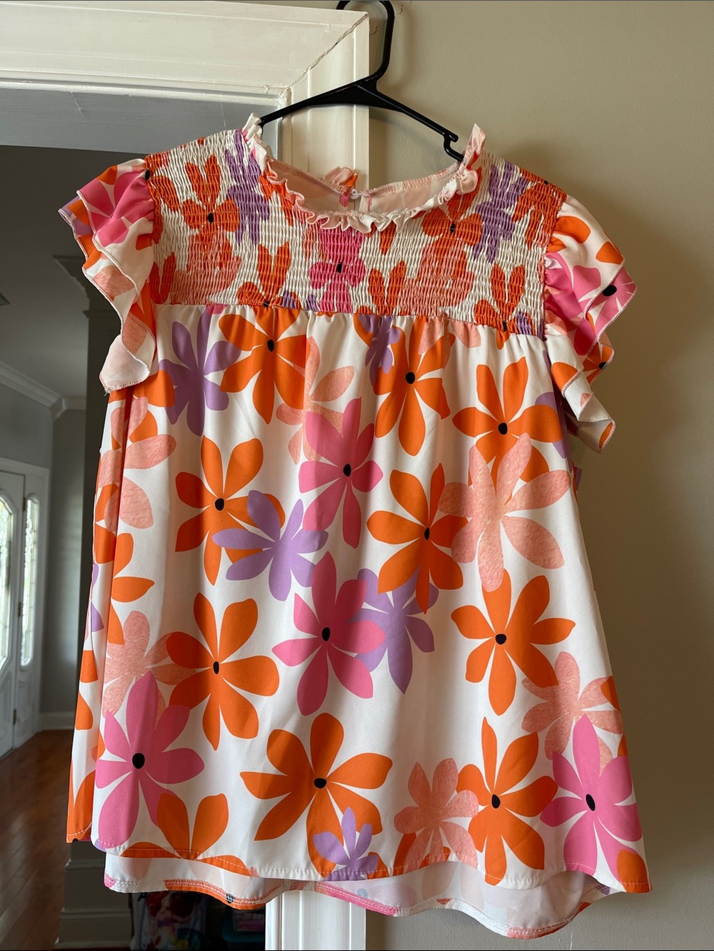 SHEIN Curve Orange Pink Purple Floral Smocked Top